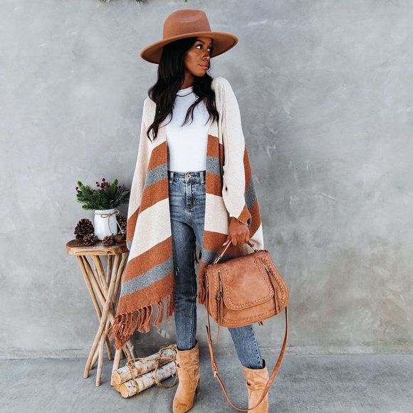 New Western Stripe Fringe Poncho Blanket Cardigan Sweater - Picture 3 of 7